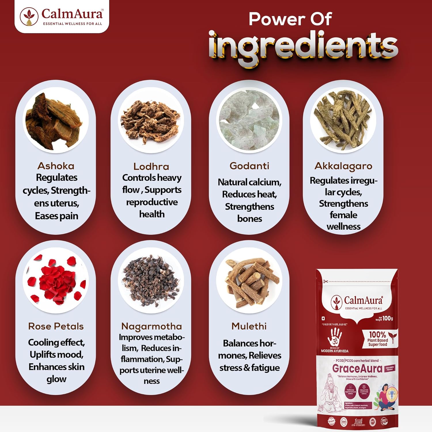 CalmAura GraceAura PCOD PCOS Care Herbal Blend Powder Chocolate Flavor | Ayurvedic Hormonal Balance & Menstrual Wellness Supplement for Women | Natural Uterine Health & Reproductive Support - Image 6