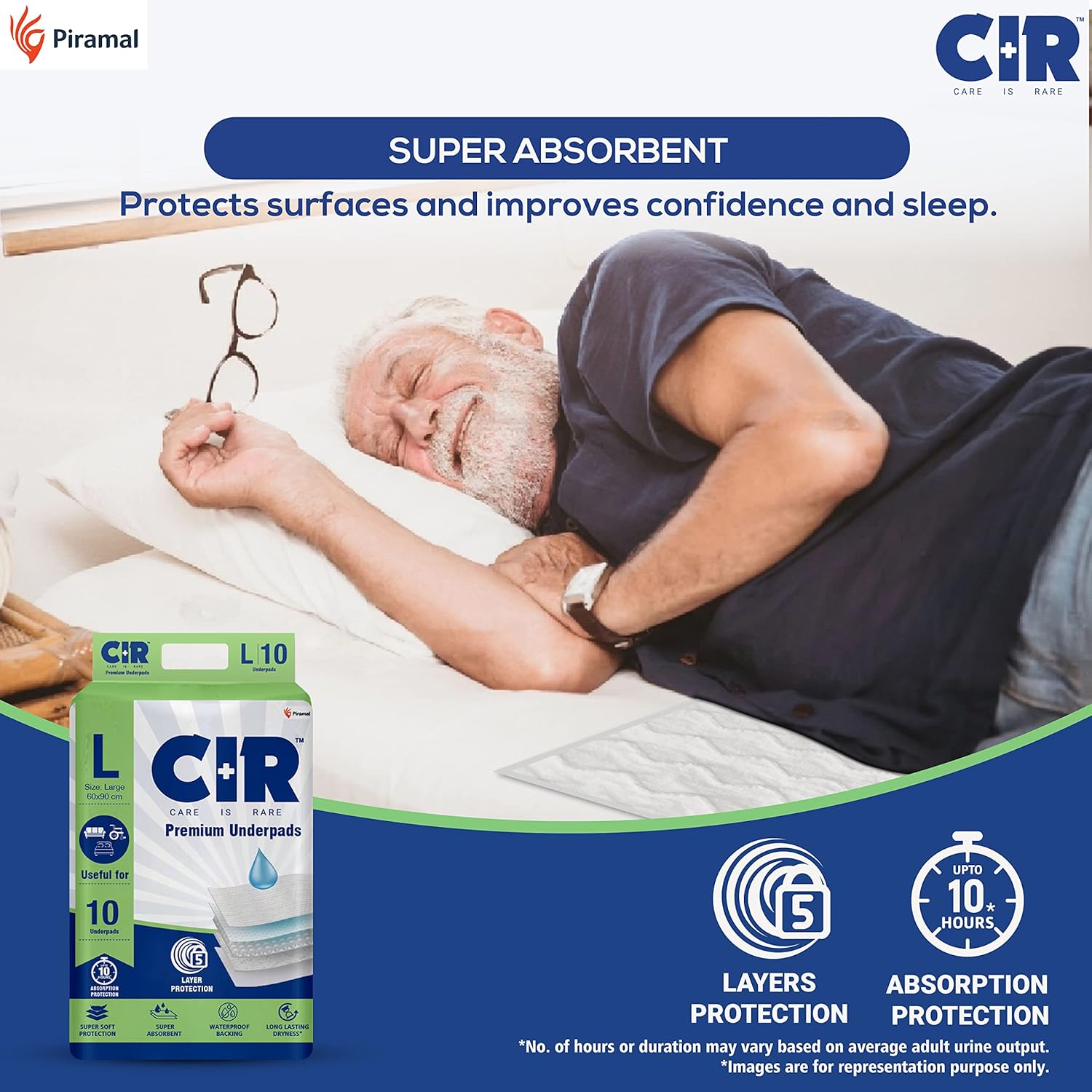 CIR Premium Underpads, Large (90x60cm) I 10 hrs Absorption Protection I 10 Units I Waterproof I Protects Surfaces from Incontinence I Super Soft Polymer x Pack of 1 - Image 2