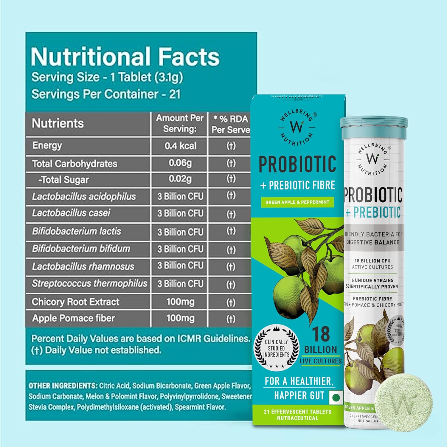 Wellbeing Nutrition Daily Probiotics + Prebiotics, Gut Health Supplement 18 Billion CFU with Organic Chicory Root | For Indigestion, Constipation, Gas, Bloating, IBS & Immunity, 21 Effervescent Tabs - Image 6